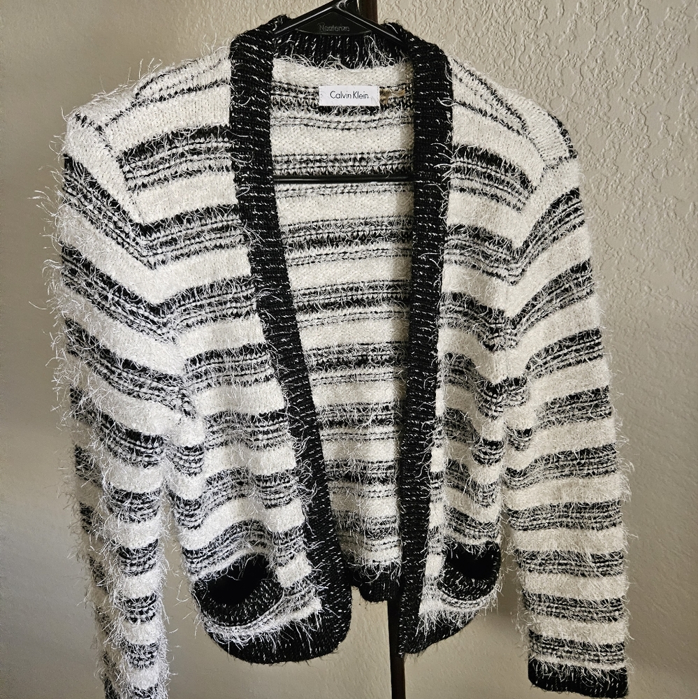 Calvin Klein Black White Stripe Fuzzy Cropped Open Front Sweater - Size S